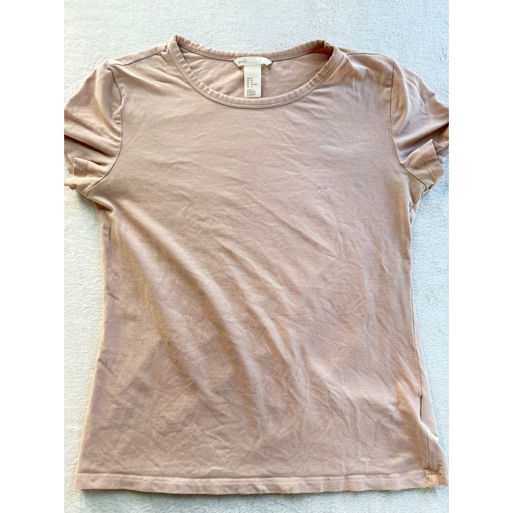 H&M Basic T-Shirt Womens Medium Pink Peach Short Sleeve Crew Neck Cotton Blend